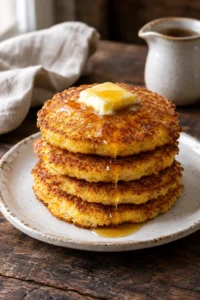 Stack of four golden-brown cornmeal johnnycakes with crisp edges, melting butter, and maple syrup on a rustic ceramic plate.