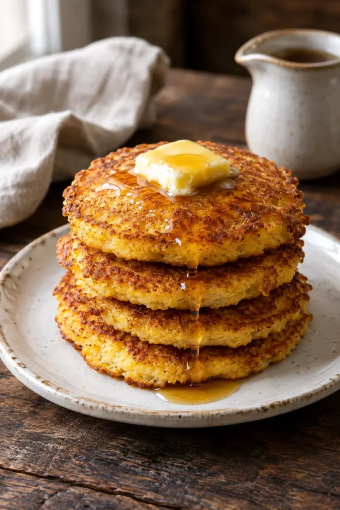 Stack of four golden-brown cornmeal johnnycakes with crisp edges, melting butter, and maple syrup on a rustic ceramic plate.